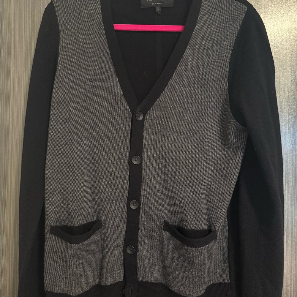 Rag & Bone Men's Black and Gray V-Neck Button Cardigan Sweater